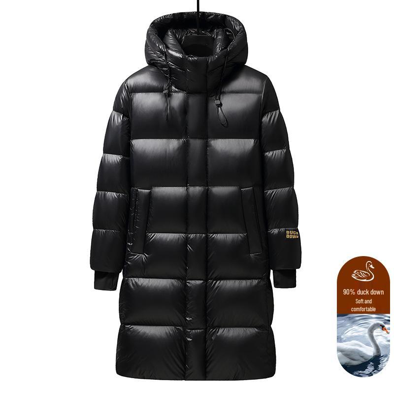 Men's and Women's Black and Gold Hooded Long Down Jacket - Thickened for Cold Protection
