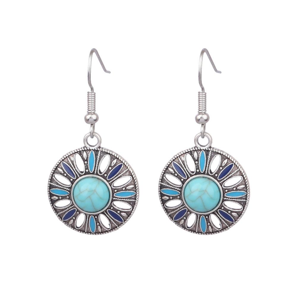 Ethnic Vintage Blue Beads Waterdrop Round Earrings for Women Boho Creative Geometric Silver Color Dangle Earrings Jhumka Jewelry