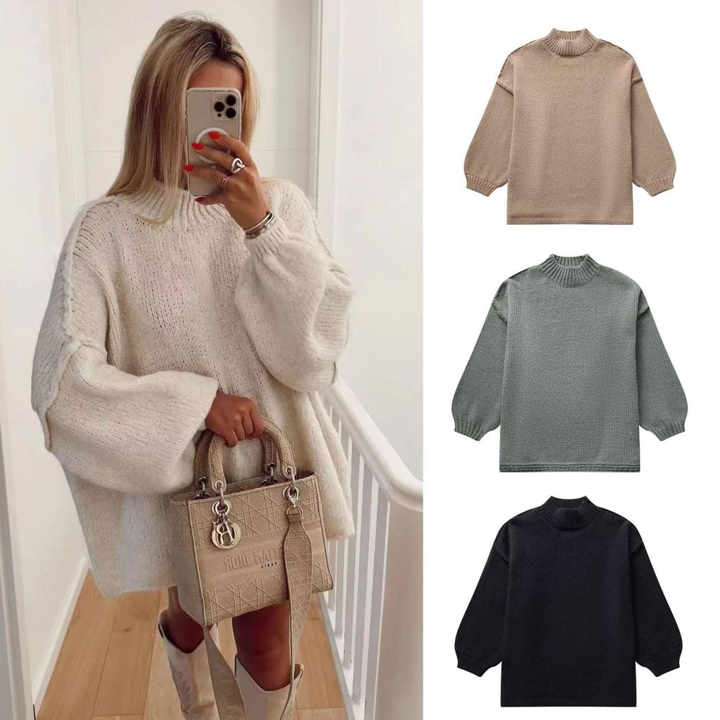 Women's European & American Street Fashion Multi-color Semi-high Neck Knitted Sweater Coat