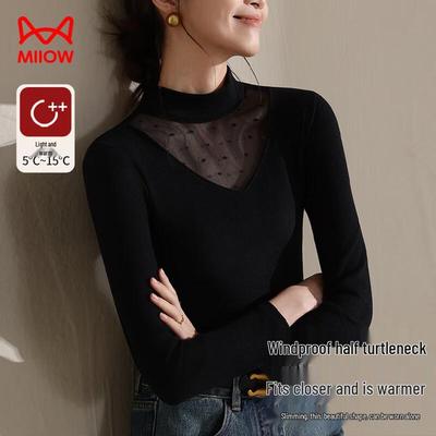 Mao Ren French Elegant Lace Mesh Semi-High Collar Long Sleeve Top