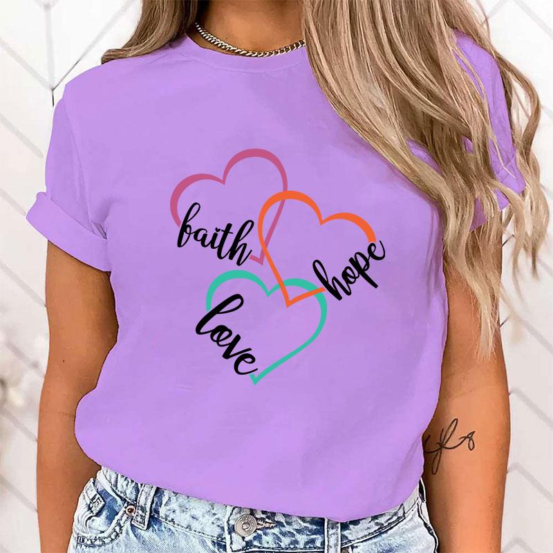 (High Quality Clothes)Funny Breast Cancer Awareness Faith Hope Love Letter Printing T-Shirts For Women Summer Tee Shirt