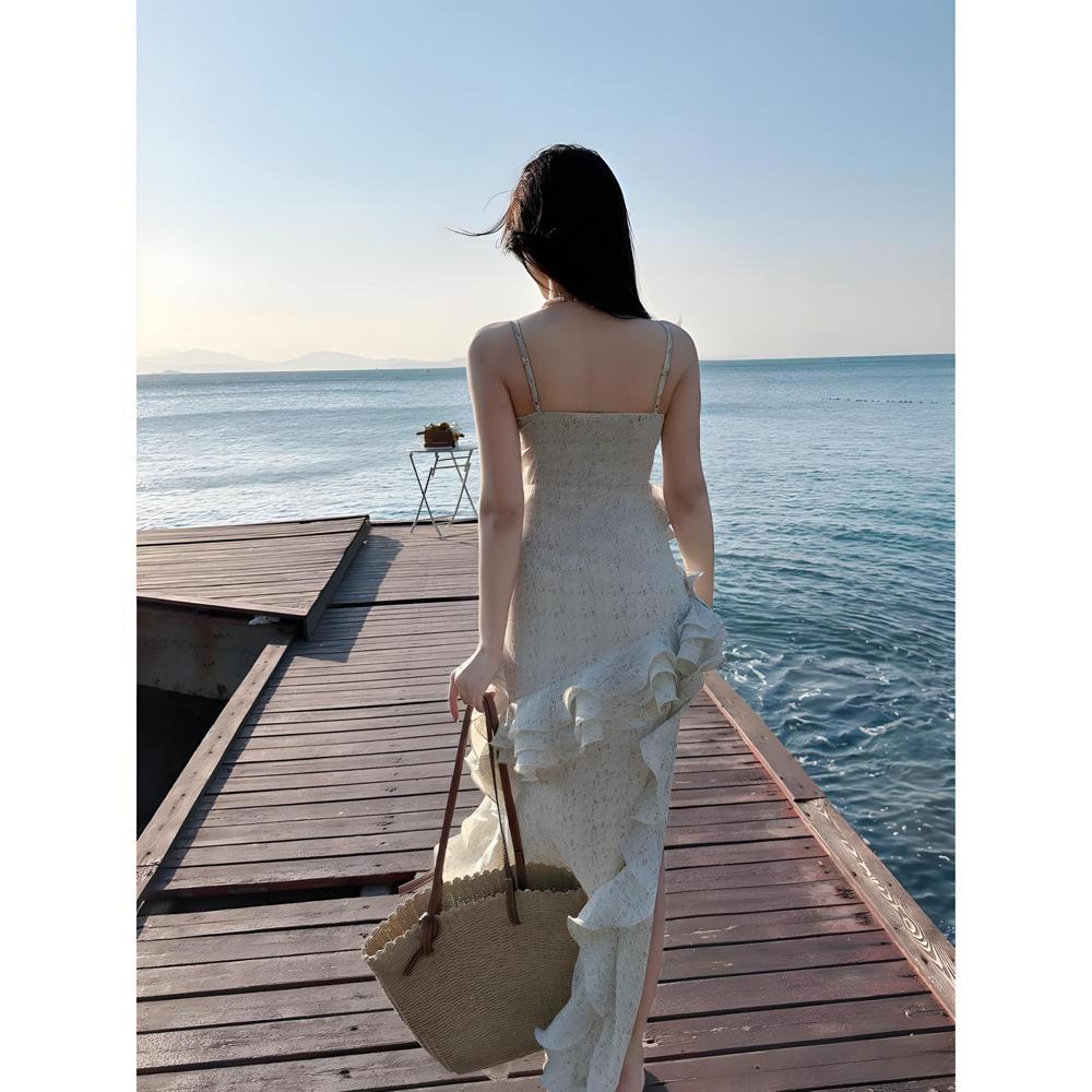 Sweet Lotus Leaf Edge Suspender Dress Fairy Summer Floral Skirt Irregular Temperament Seaside Beach Dress