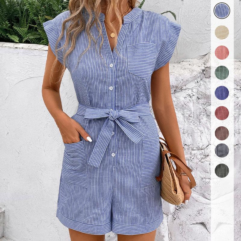 

Women s Blue & White Striped V-Neck Shorts Romper with Belt and Pockets S темно-синього кольору