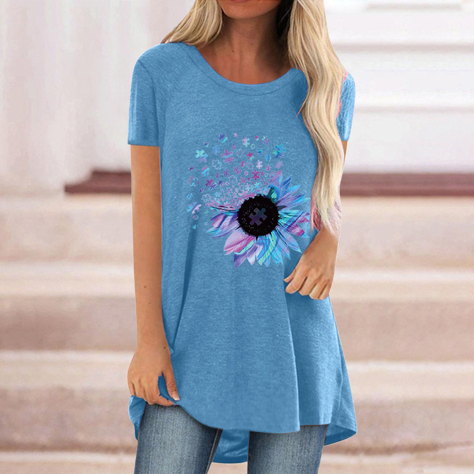 

Women Lady Fashion Short Sleeve Print Blouse Tunics Shirts Top Tee L