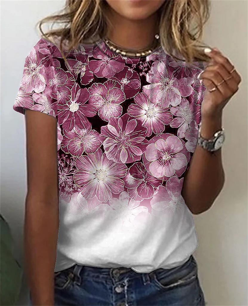 Summer Floral Flowers 3D Print T-Shirts Fashion Women's Round Neck Short Sleeve T Shirt Tees Harajuku Y2K Tops Female Clothing