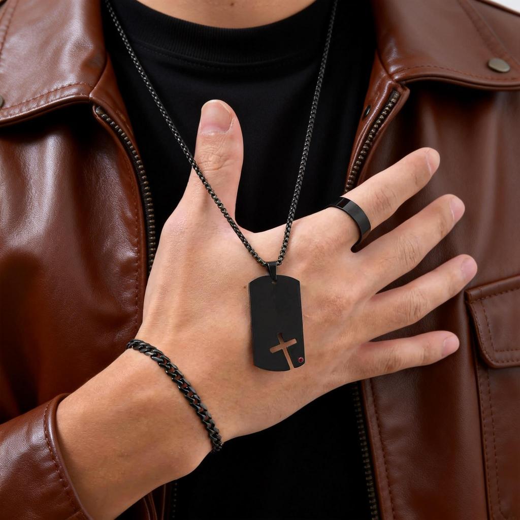 3pcs/set Dogtag Necklace for Men Boys,Stainless Steel Cuban Chain Bracelet,Waterproof Bend Ring Set Gift