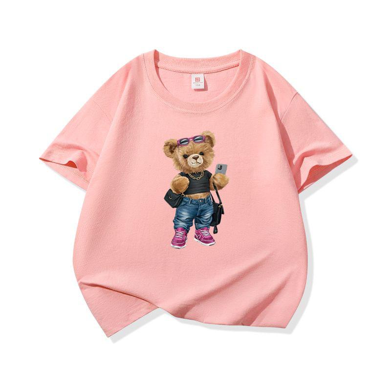 Trendy Girl Bear With Sunglasses Graphic Tee Kids 100 Cotton Crew Neck Casual T Shirt Short Sleeve Muticolor Top For Girls Boys