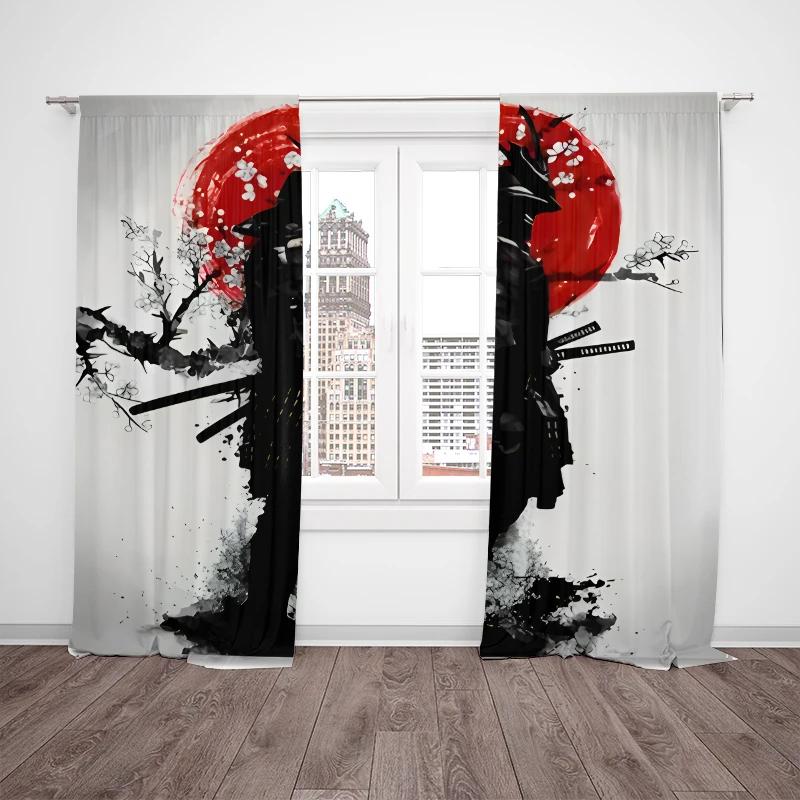 Curtains Samurai Print Polyester Suitable Bedroom Living Room Study Private Space Magnetic Binding Curtain Made Of Washable Great Ready