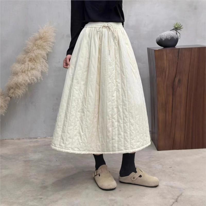 Johnature Woman Winter Vintage Personality Elasticated Waist A-Line Skirt Niche Solid Color Skirts