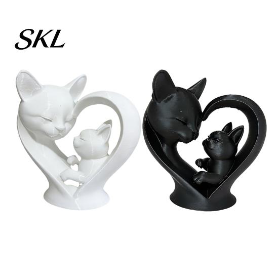 Cat Parent Child Ornament Mother Baby Figurine, 3D Printed Heart Sculpture for Desk Decor, Healing Gift Modern Art Statue Living Room Study,