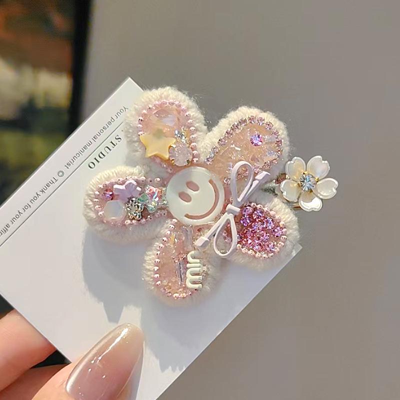 Sweet Girl Dopamine Diamond Bow Smiley Hair Clip - Baby & Bangs Duckbill Forehead Side Clip