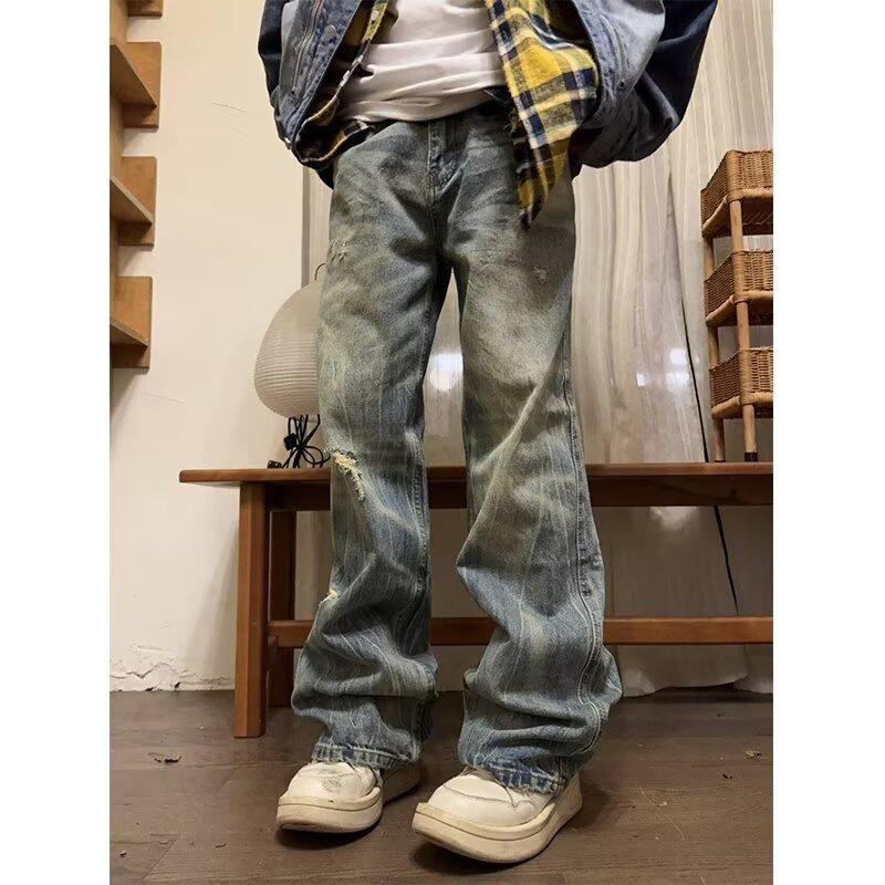 Herbst und Winter Neue amerikanische High Street gewaschene helle Jeans für Männer und Frauen mit geradem Bein, leicht ausgestelltem Bein und weitem Bein
