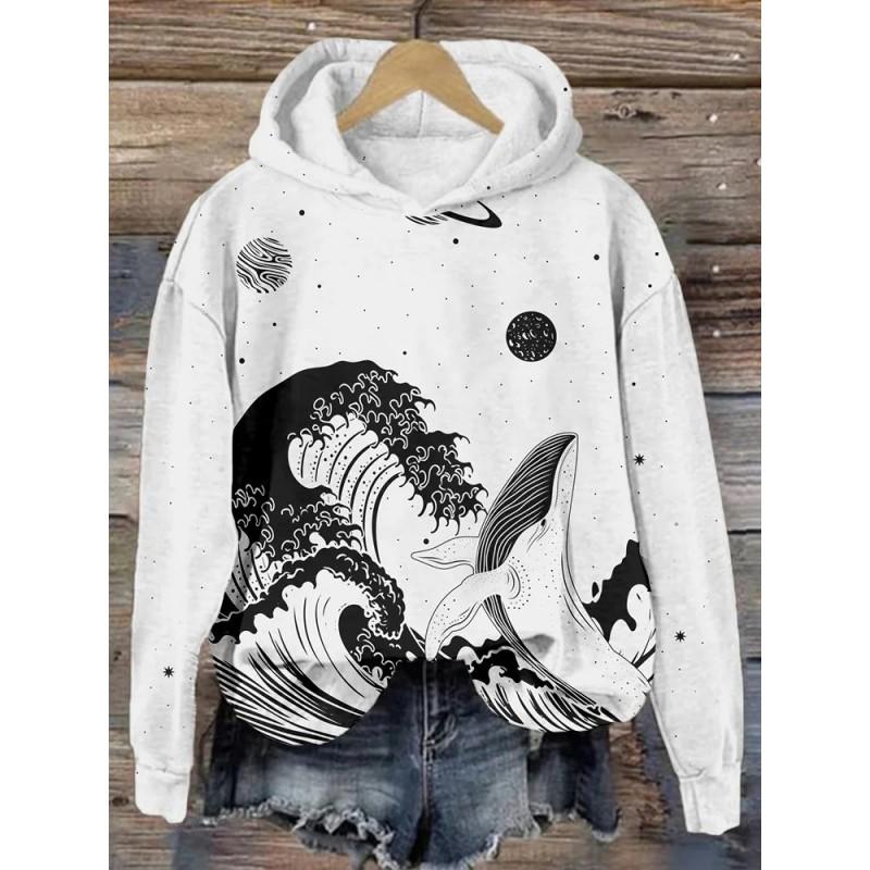 Womens Casual Hooded Sweatshirt With 3D Printed Graphic Long Sleeve Loose Fit Pullover
