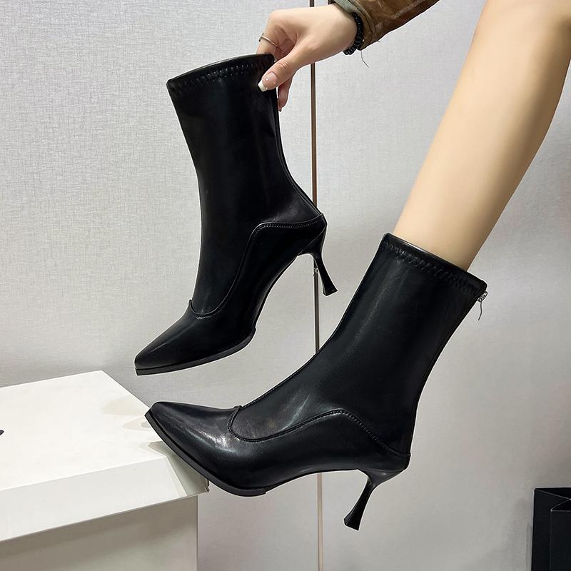 

New Fashion Stiletto High Heel Pointed Toe Modern Stretch Boots Winter Warm Shoes Zipper Retro Sexy Women Mid-calf Boots 34 чёрный