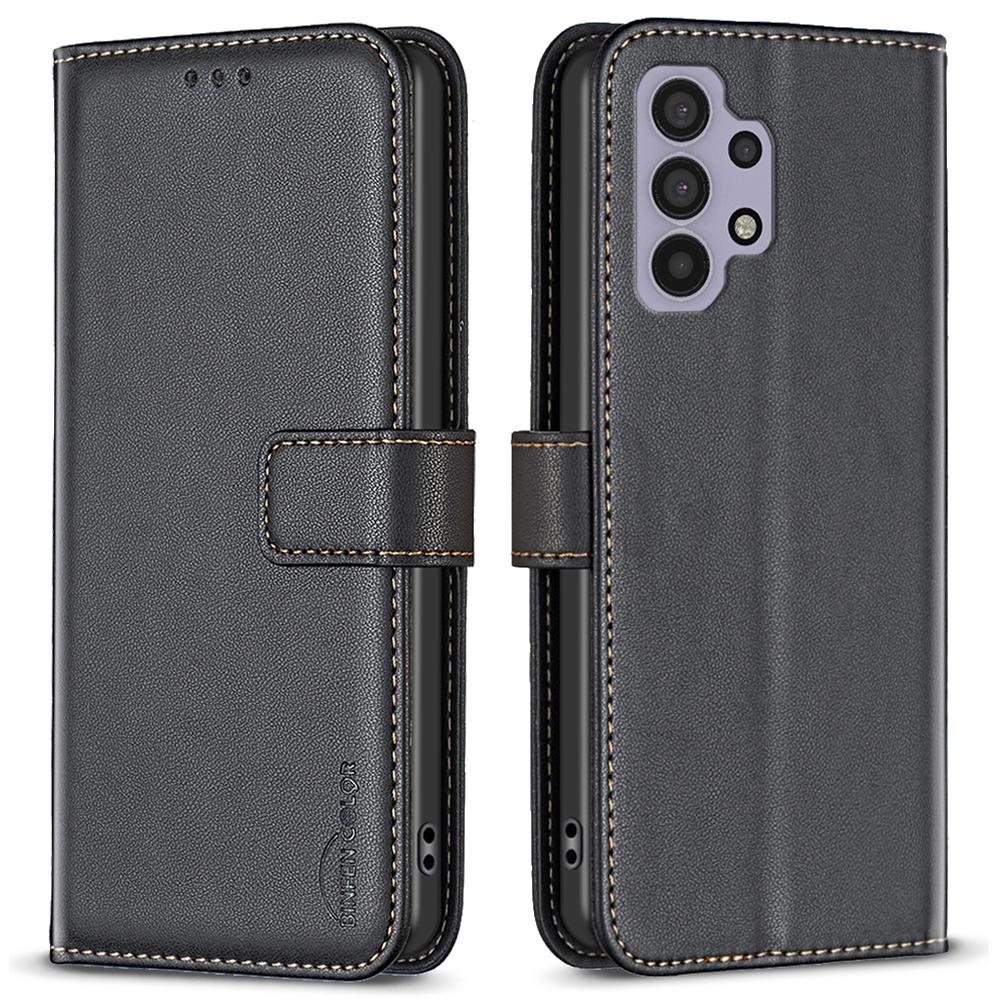 

BINFEN COLOR BF17 For Samsung Galaxy A32 5G/M32 5G Phone Cover PU Leather Stand Wallet Case Black
