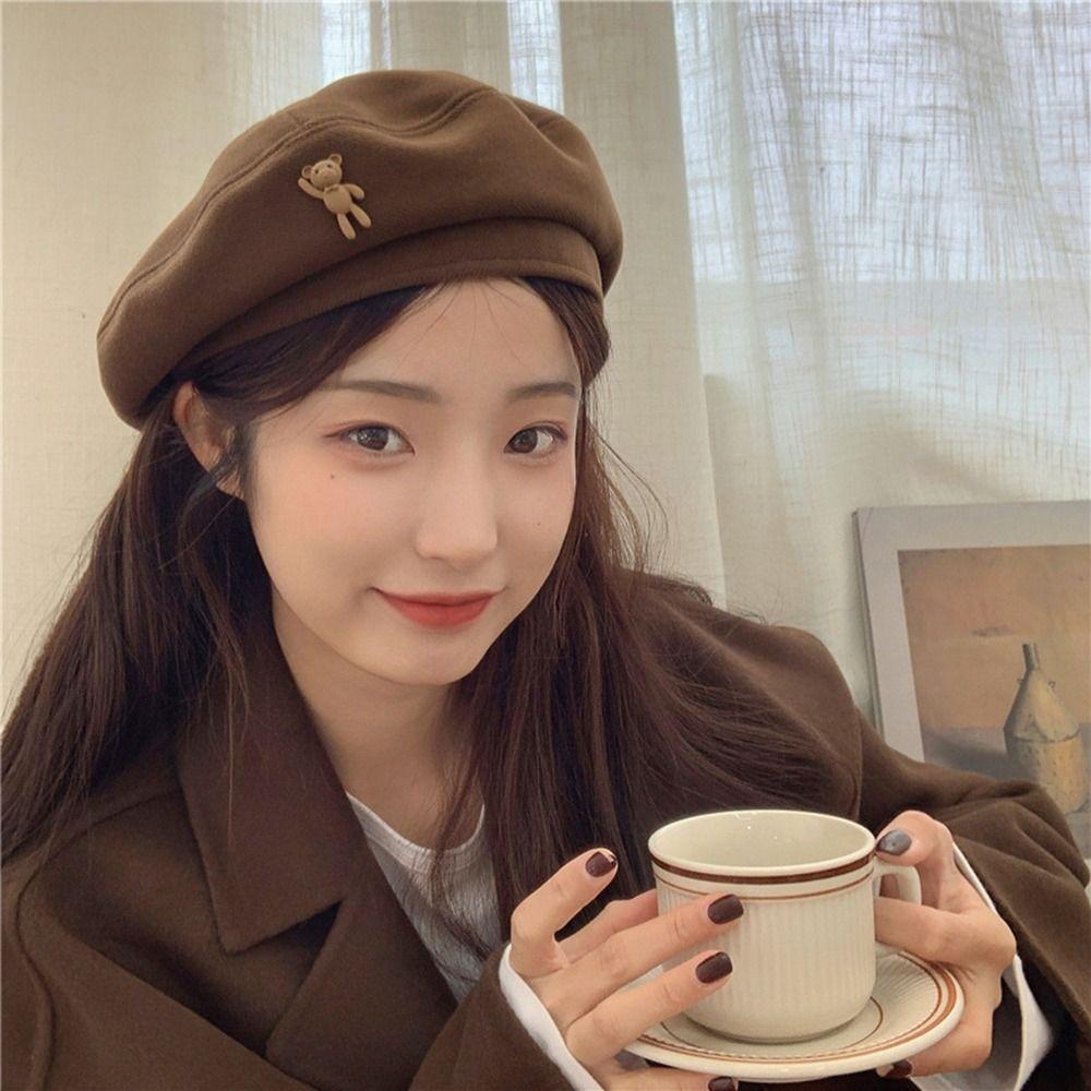 

Cartoon Painter Hat Artist Hat Keep Warm For Girls Bear Beret Octagonal Cap Painter Hat Women Caps