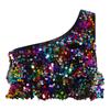 Girls Dance Top Shiny Sequins Tiered Ruffles Sleeveless Crop Top Metallic One Shoulder Vest