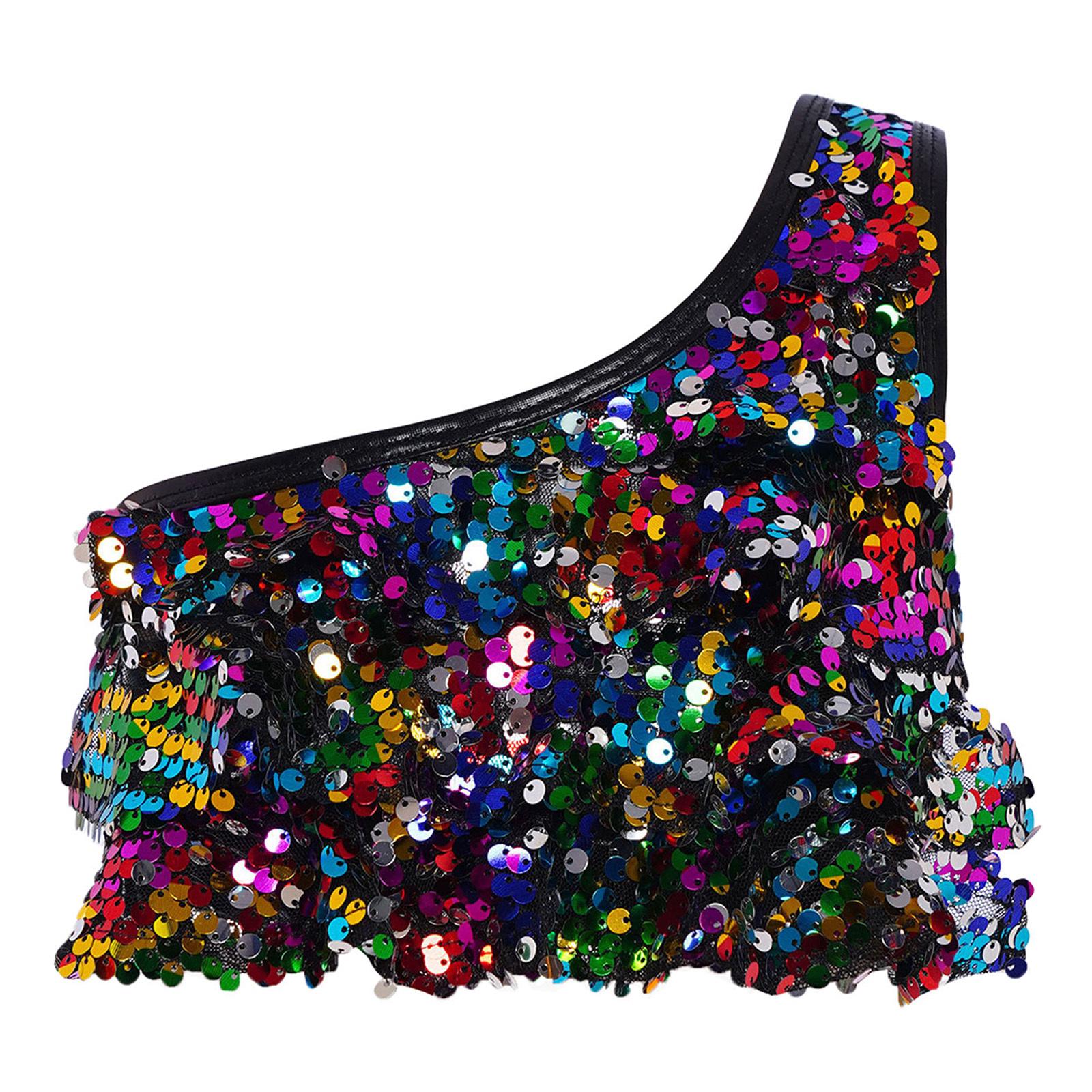 

Kids Girls Sequined Dance Top Tiered Ruffles Sleeveless Metallic One Shoulder Vest Performance Outfit 3-4 Years
