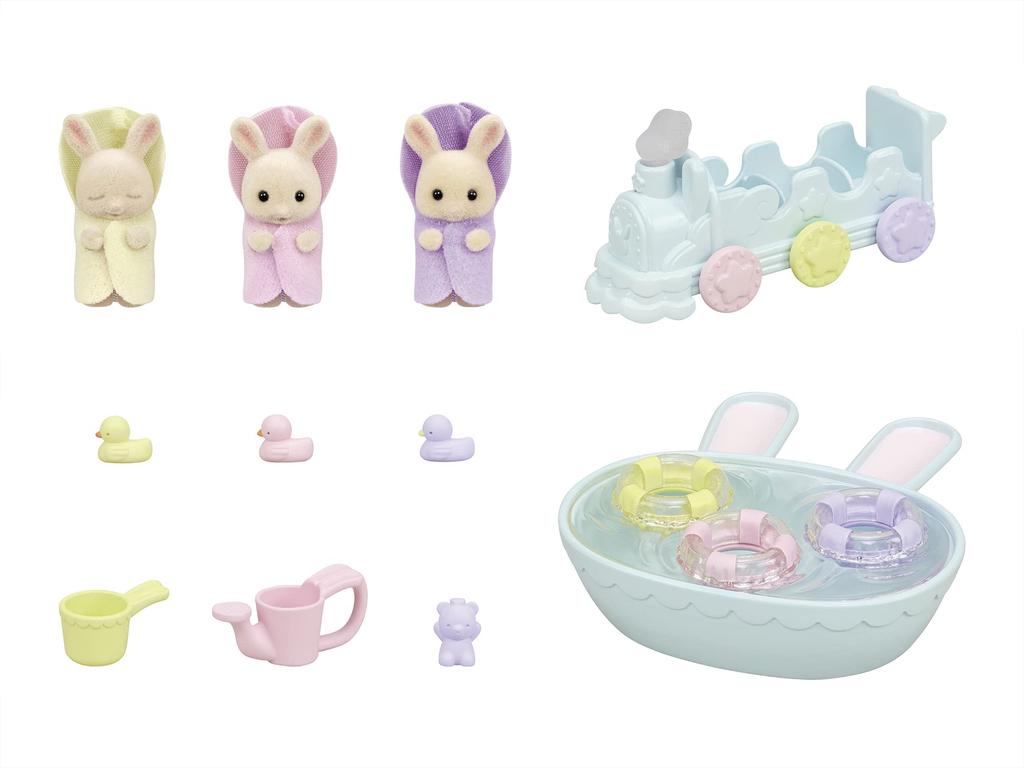 Sylvanian Families Doll and Furniture Set Rabbit Favorite Bath ST Mark Certified Toy Dollhouse for Ages 3 and Sylvanian Epoch [Milk Triplets' Set]