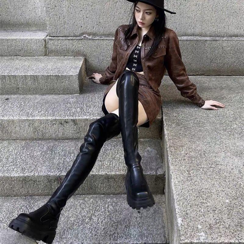 Skinny legs long thick-soled square head high boots 2025 black over-the-knee boots long boots universal cos knight boots tide