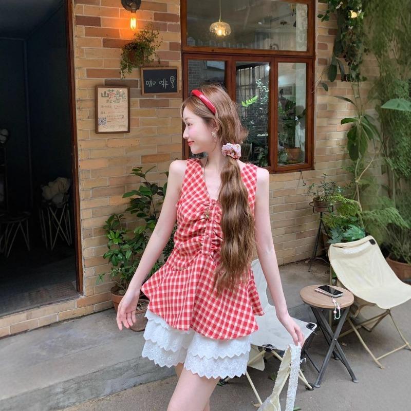 Summer New Women's Plaid V-neck Sleeveless Vest Ruffle Pleated Top