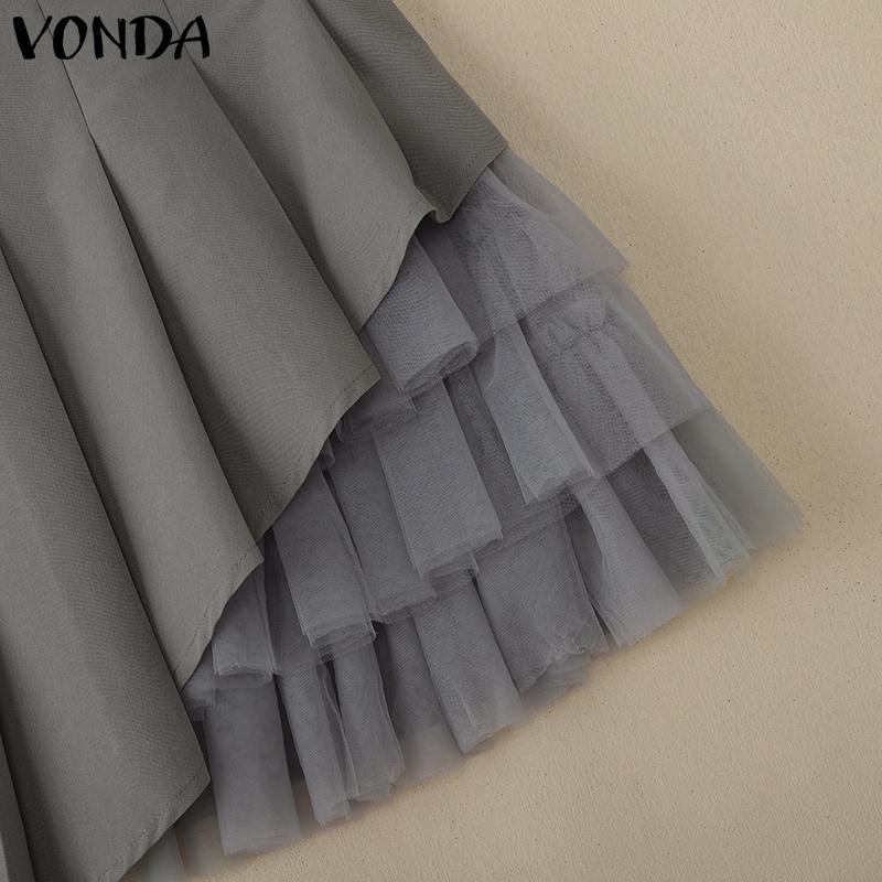 VONDA Women Zipper Up Waist Solid Color Mesh Patchwork Mini Pleated Skirts