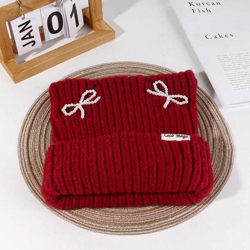 Hat Women's Autumn and Winter Cat Ear Wool Hat Sweet and Cute Bow Warm Knit Hat Ear Protection Cold Pullover Hat