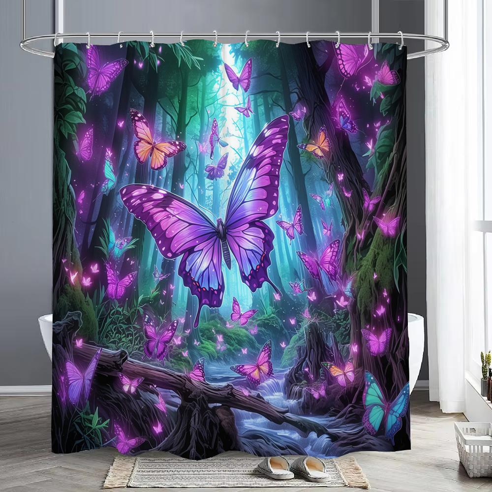 Fairy Tale Forest Beautiful Purple Butterfly Shower Curtain Bathroom Decor Shower Curtain Waterproof Shower Curtain With Hook