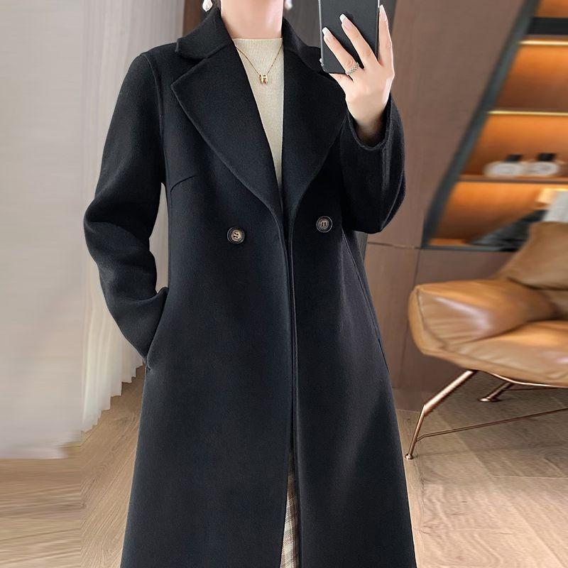 

Шерстяное двустороннее шерстяное пальто для мамы среднего возраста, женское осенне-зимнее длинное пальто до колена, приталенное и стройнящее, осенне-зимнее пальто 2XL 150-82.5kg