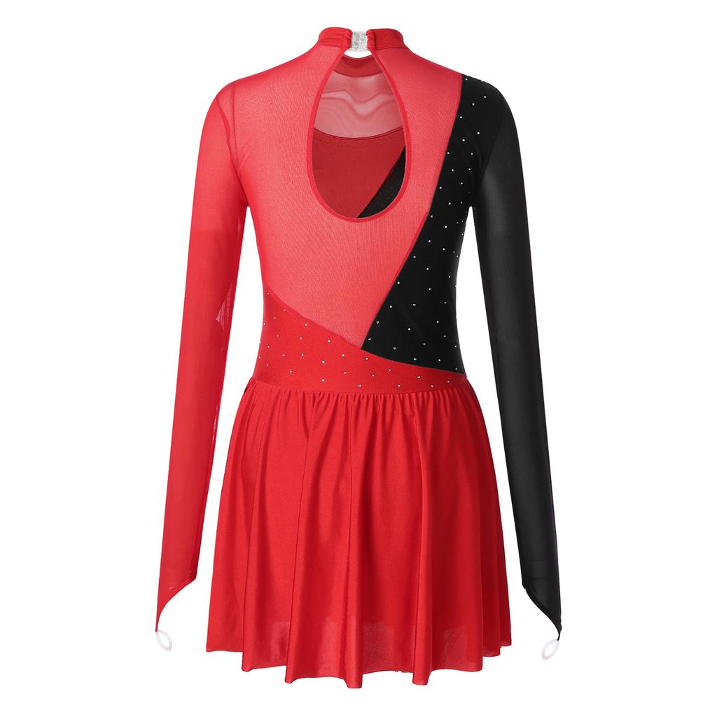 Dlouhý rukáv Tyl Všitý Výřezy Záda Kolečkový krasobruslařský dres Šaty Gymnastické Baletní Taneční Kostýmy