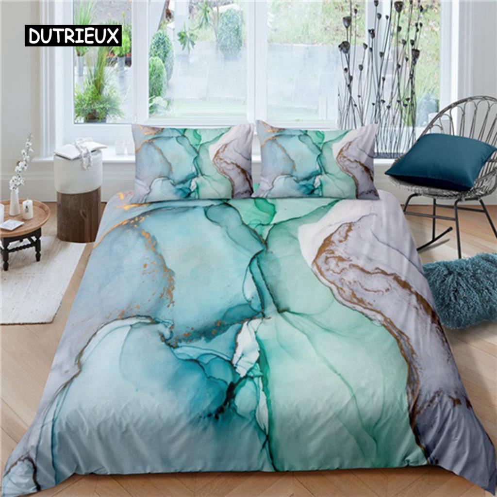 Schicker Marmor-Bettbezug aus Mikrofaser, Mint, Gold, Glitzer, Türkis, Bettwäsche-Set, abstrakt, Aquablau, Bettbezug für Einzelbett, Doppelbett, volle Größe
