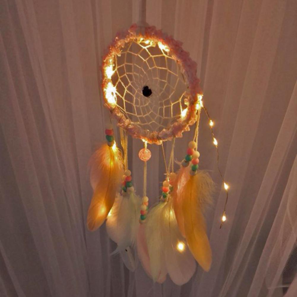 Dream Catcher Pendant with Light Romantic Creative Weaving Feather Wind Chime Feather Dreamcatcher Home Decor Home Bedroom Decor