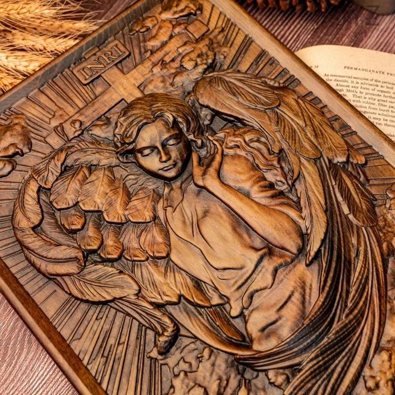 Religious Wooden Carving Icon Archangel Chamuel, Mural Art Figure Living Room Decor