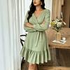 European and American casual V-neck vacation skirt autumn texture long-sleeved splicing dress