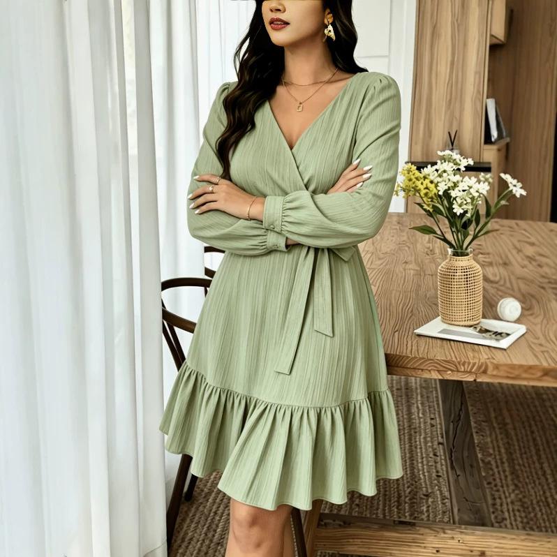 European and American casual V-neck vacation skirt autumn texture long-sleeved splicing dress