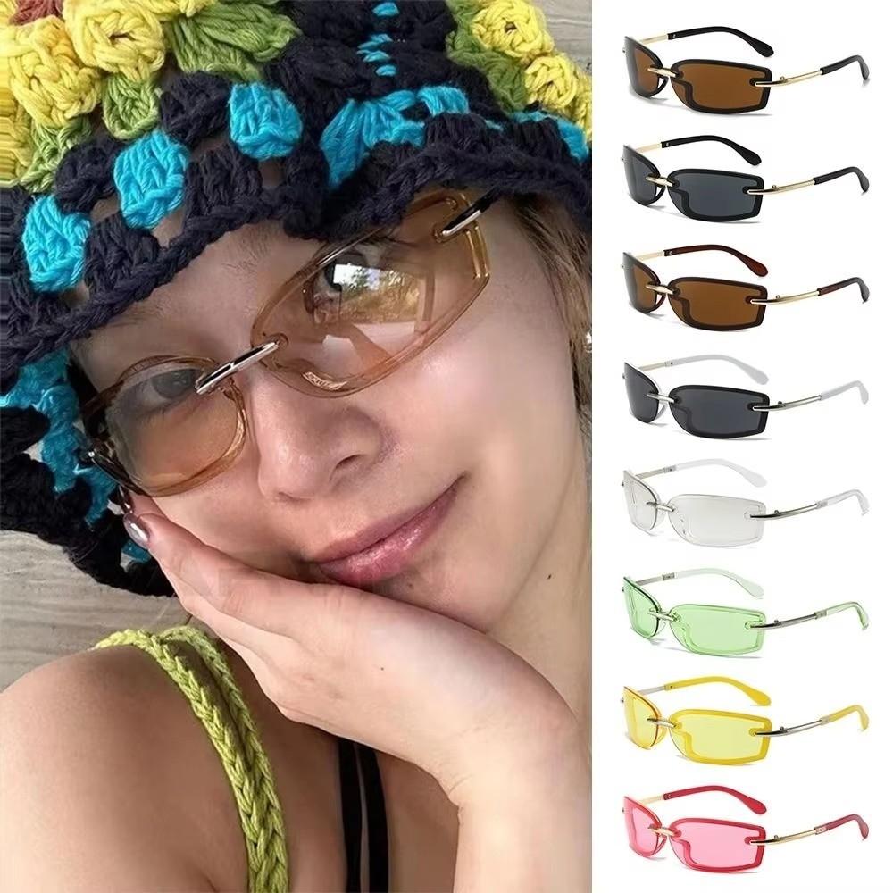 Y2K Candy Color Rimless Sunglasses Metal Eyewear Futuristic UV Protection Sun Glasses  Fashion