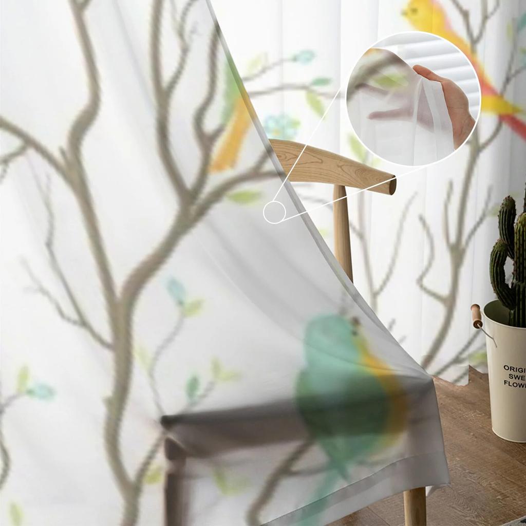 Colorful Birds Chiffon Sheer Curtains For Living Room Bedroom Decoration Window Tulle Curtains Drapes