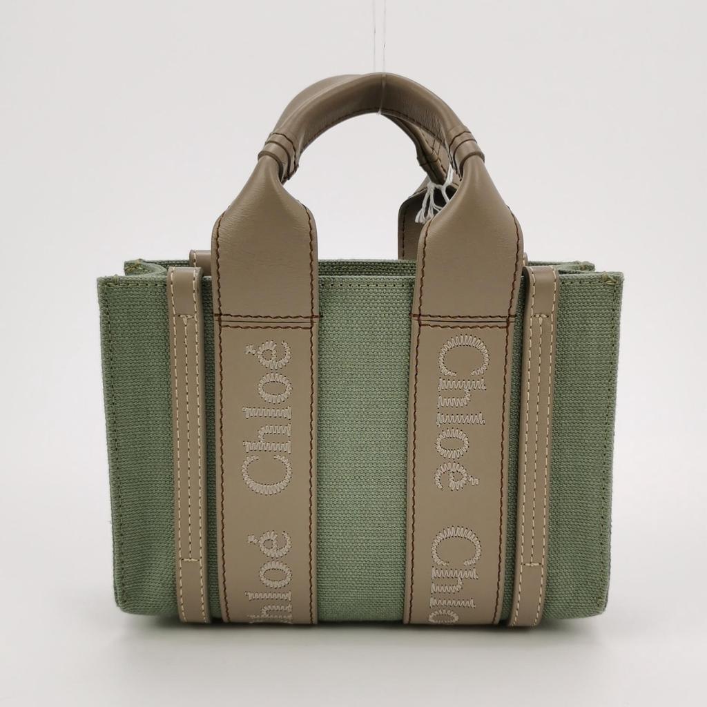 [Pre-Owned] Woody Logo Embroidered Solid Color Linen Canvas And Glossy Calfskin Tote Bag Shopping Bag Shoulder Crossbody Handbag Min - Unused #1XNW57U