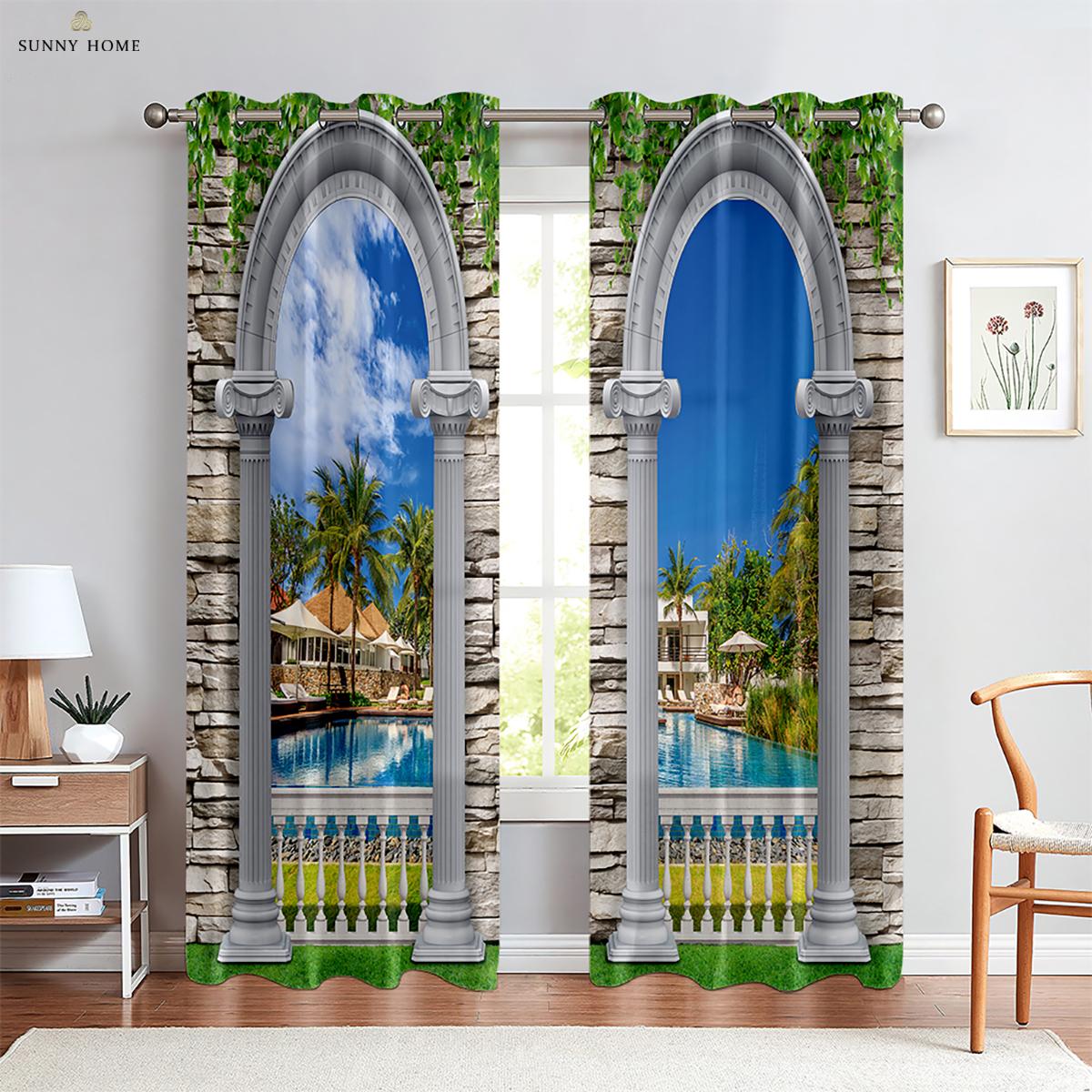 

Шторы с принтом морского пейзажа, с кулиской, для спальни, гостиной, кухни, домашнее украшение, 2 штуки W50xH140(CM)x2PCS&Grommet Top