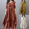 Women Cotton Linen Asymmetric Large Swing Button Loose Long Sleeve Maxi Dress