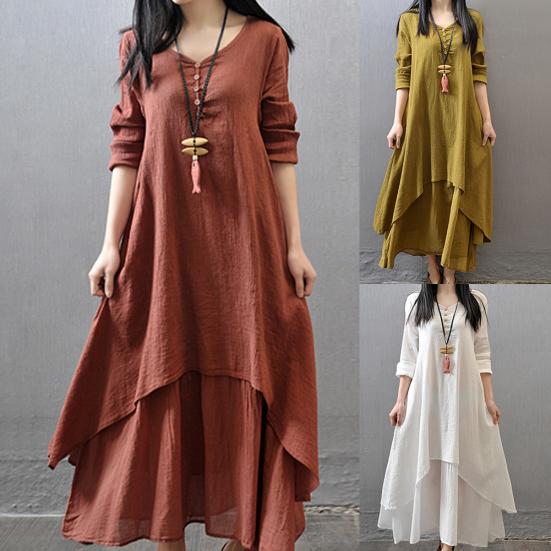 Women Cotton Linen Asymmetric Large Swing Button Loose Long Sleeve Maxi Dress
