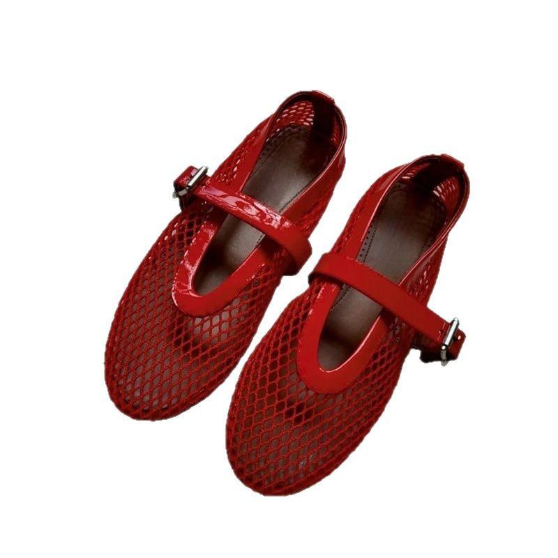 Round head fishing net grid hollow ballet flats women's spring and summer word belt Mary Jane single shoes sandals