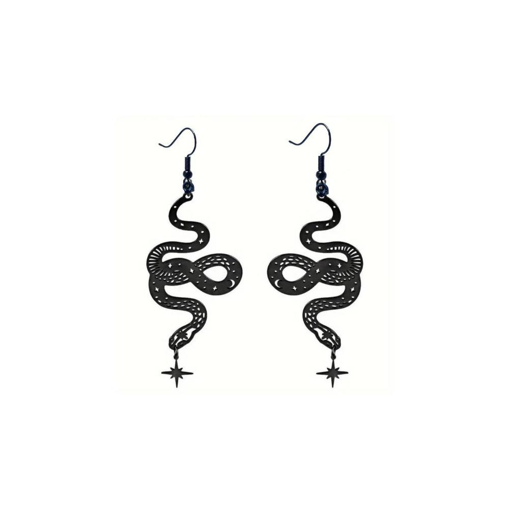 Retro Personality Black Stainless Steel Hollowed-out Pattern Snake Pendant Dangle Earrings for Women Street Hip-hop Jewelry Gift