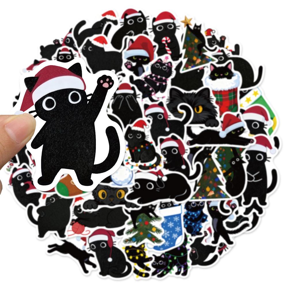 50PCS Christmas Black Cat Cute Christmas Fun Stickers DIY Handmade Materials Phone Case Laptop Luggage Bottle Stickers