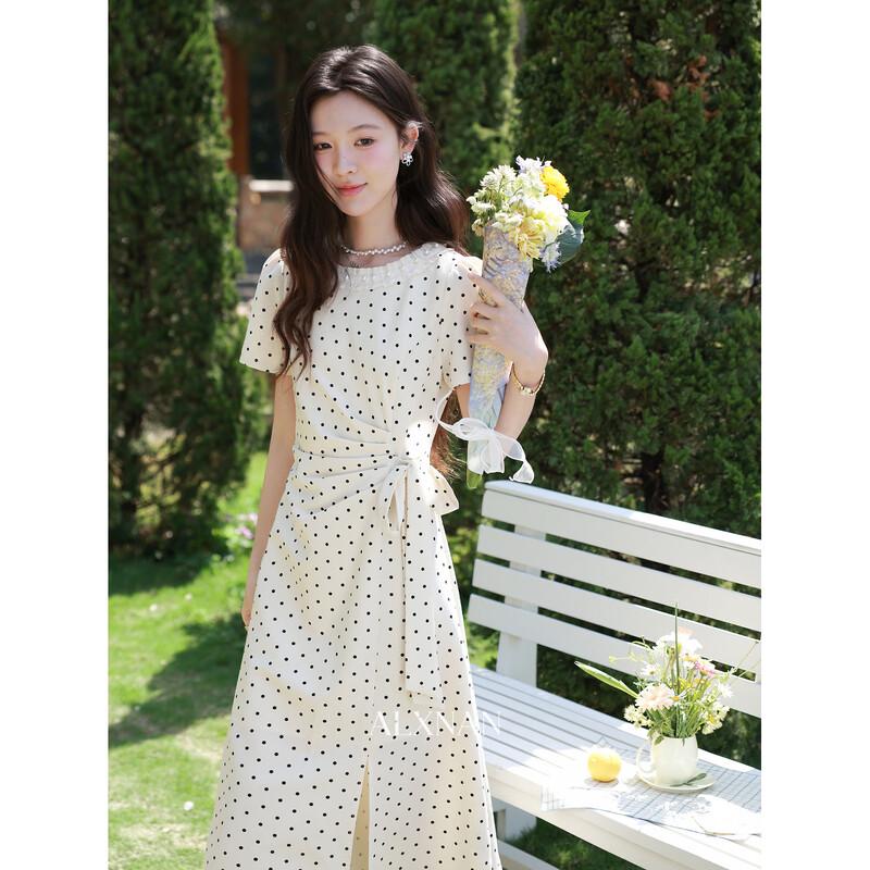 Luxiangnan Women s Polka Dot French Style Midi Dress M
