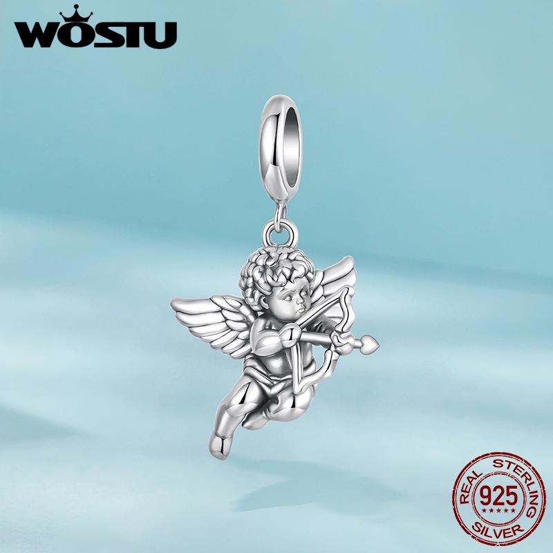 WOSTU 925 Sterling Silver 3D Vintage Pendant Cupid Angel Beads Classic Charm for Women DIY Bracelet Accessories Birthday Gift