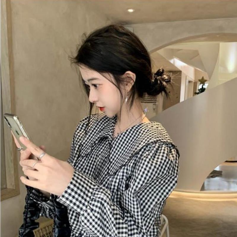 [Shop  ] Women S looSe Fit Delicate Fit Big Collar Check blouSe Won Wbl Wed3db4