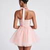 Mini Abito da Donna con Scollo a V all'Americana Senza Maniche Vita Alta Corsetto Decorazione Fiocco Gonna Tutù in Tulle Abito Corto per Festa Cocktail Estiva