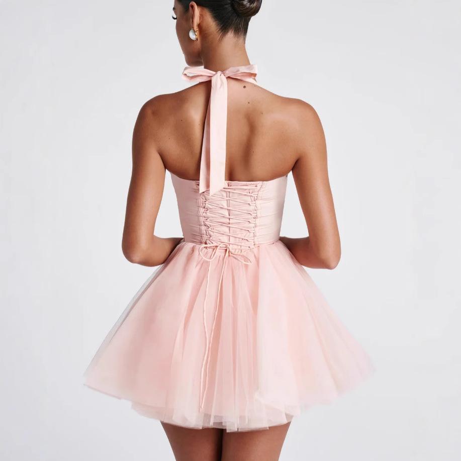 Mini Abito da Donna con Scollo a V all'Americana Senza Maniche Vita Alta Corsetto Decorazione Fiocco Gonna Tutù in Tulle Abito Corto per Festa Cocktail Estiva