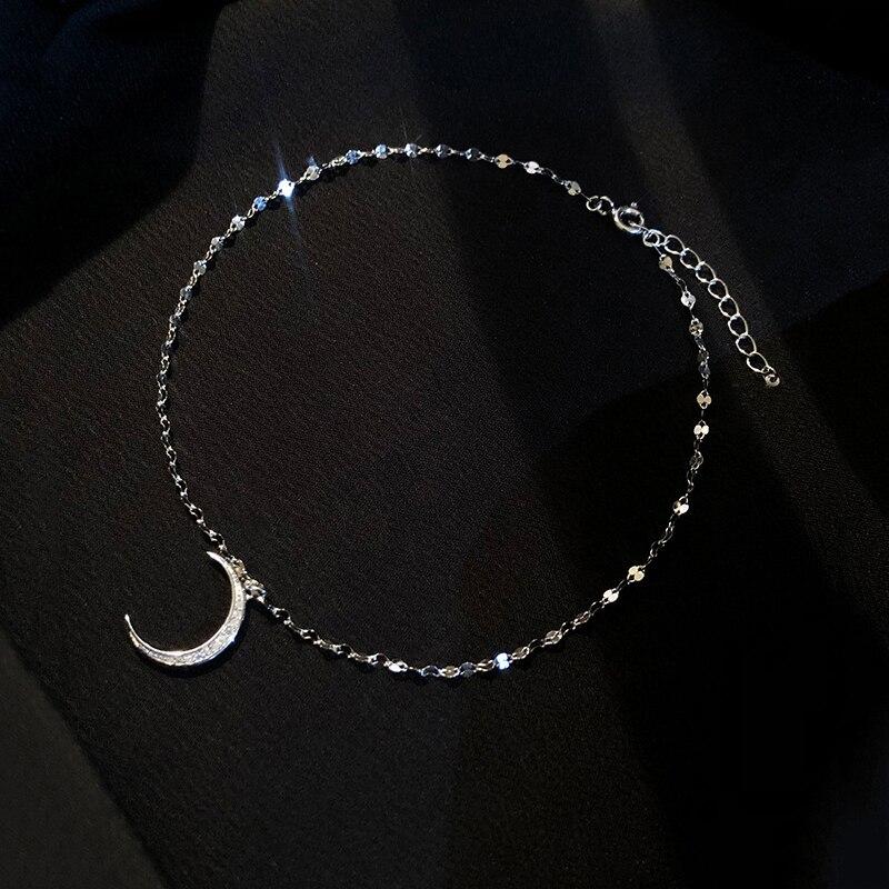 925 Sterling Silver Moon Cubic Zircon Anklet Bracelet Dainty Meniscus Anklet Jewelry For Women Summer Beach Gift S -B321